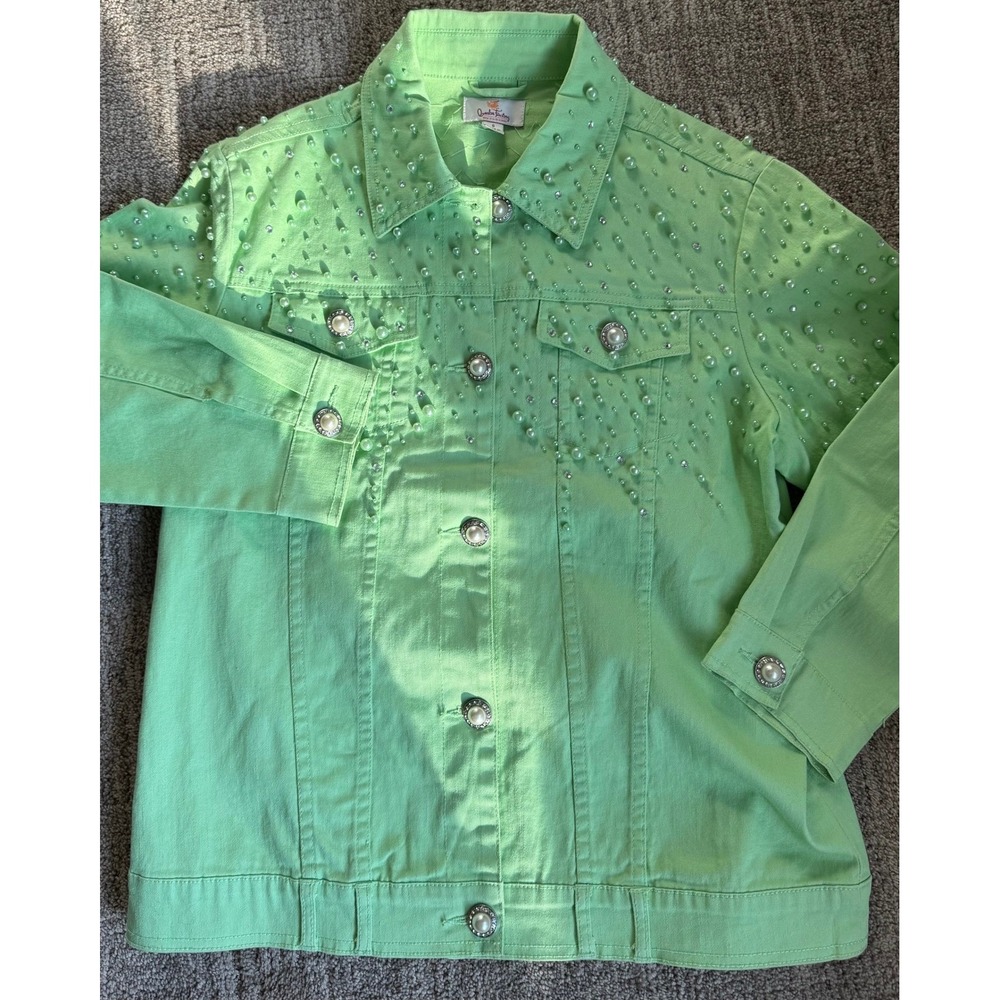 Quacker Factory Women's Small Lime Green Pearl Rhinestone Denim Jacket Y2K Bling
